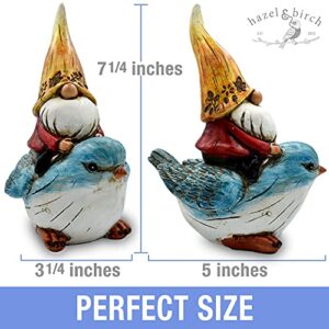 Garden Gnomes Outdoor Decorations - 7.25 inches Tall - Gnome Statues for Yard, Lawn, Patio, Porch Decor - Hand Painted, Weatherproof Gnome Figurine (Blue Bird Rider Gnome) HAZEL & BIRCH