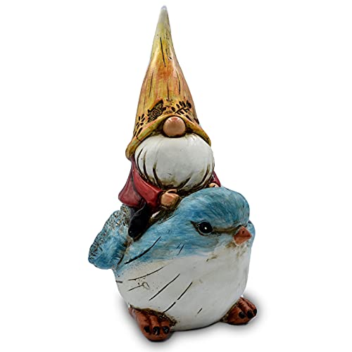 Garden Gnomes Outdoor Decorations - 7.25 inches Tall - Gnome Statues for Yard, Lawn, Patio, Porch Decor - Hand Painted, Weatherproof Gnome Figurine (Blue Bird Rider Gnome) HAZEL & BIRCH