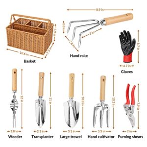 SOLIGT Gardening Hand Tools with Basket – Garden Tool Set with Pruning Shears, Cultivator, Gloves – Heavy-Duty Stainless Steel Gardening Tools with Wood Handle – Gardening Gifts for Women Men