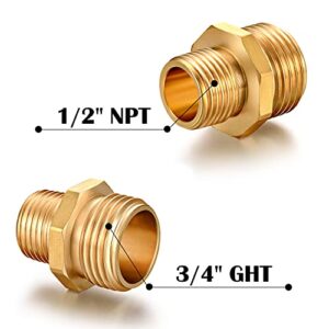 YELUN Solid brass Garden Hose Fittings Connectors Adapter Heavy Duty Brass Repair Male to Male faucet leader coupler dual water hose connector(3/4" GHT Male to 1/2" NPT Male) 2 Pcs