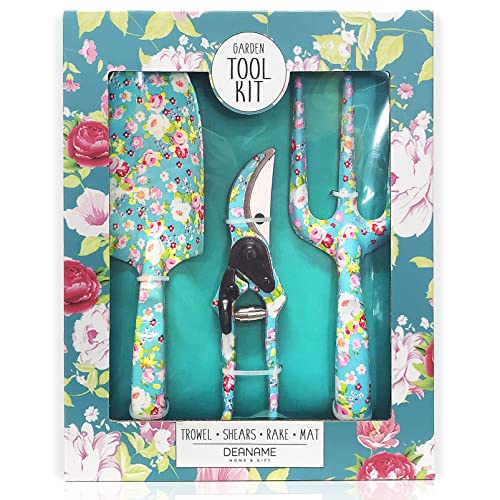 Deaname Garden Tool Set Gardening Hand Tools Kit, Floral Sturdy Garden Gifts, 4 PCS Heavy Duty Shovel Kit Including Trowel, Sharp Pruner, Hand Rake, and Mat (Blue Set)