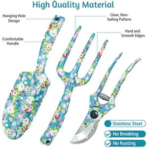 Deaname Garden Tool Set Gardening Hand Tools Kit, Floral Sturdy Garden Gifts, 4 PCS Heavy Duty Shovel Kit Including Trowel, Sharp Pruner, Hand Rake, and Mat (Blue Set)