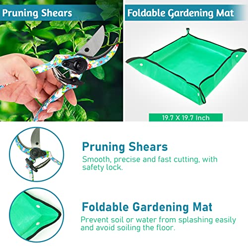 Deaname Garden Tool Set Gardening Hand Tools Kit, Floral Sturdy Garden Gifts, 4 PCS Heavy Duty Shovel Kit Including Trowel, Sharp Pruner, Hand Rake, and Mat (Blue Set)