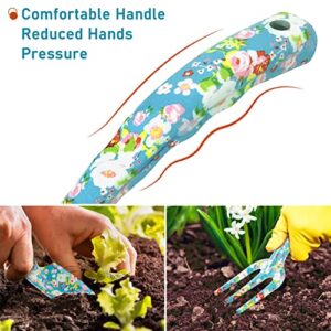 Deaname Garden Tool Set Gardening Hand Tools Kit, Floral Sturdy Garden Gifts, 4 PCS Heavy Duty Shovel Kit Including Trowel, Sharp Pruner, Hand Rake, and Mat (Blue Set)