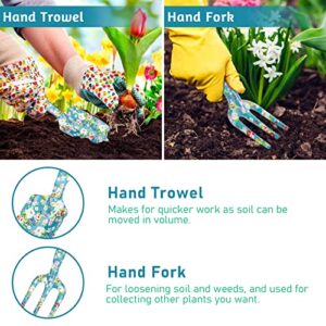 Deaname Garden Tool Set Gardening Hand Tools Kit, Floral Sturdy Garden Gifts, 4 PCS Heavy Duty Shovel Kit Including Trowel, Sharp Pruner, Hand Rake, and Mat (Blue Set)