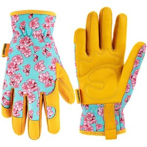 leather gardening gloves for women, jumphigh tough cowhide working gloves, flexible breathable spandex, thorn proof garden gloves for yard, gardening gifts for gardener (medium)