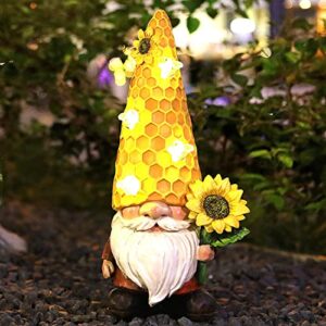 reyiso 12.3 inch gnomes garden statue, resin sunflower statues gnome figurine solar outdoor decorations art sculpture for patio yard lawn garden decor lawn ornaments gnomes gifts