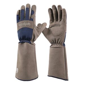 cooljob rose pruning thorn proof gardening gloves, long sleeve puncture proof gloves with forearm protection for women and men, large size, navy & grey (1 pair l)