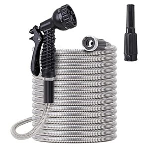 metal garden hose 50 ft – stainless steel water hose with 2 nozzles, lightweight, tangle free & kink free, heavy duty, high pressure, flexible, dog proof