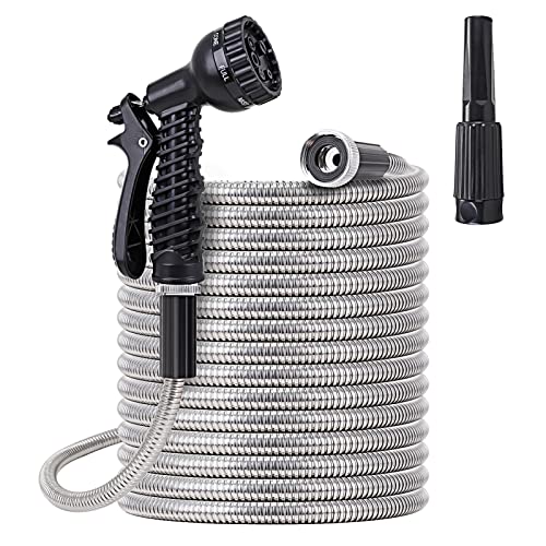 Metal Garden Hose 50 ft - Stainless Steel Water Hose with 2 Nozzles, Lightweight, Tangle Free & Kink Free, Heavy Duty, High Pressure, Flexible, Dog Proof