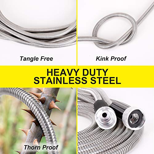 Metal Garden Hose 50 ft - Stainless Steel Water Hose with 2 Nozzles, Lightweight, Tangle Free & Kink Free, Heavy Duty, High Pressure, Flexible, Dog Proof