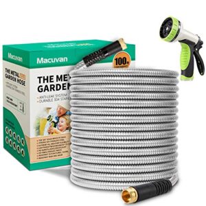 macuvan flexible metal garden hose 100ft-heavy duty water hose with durable 304 stainless steel and 10 way spray nozzle-strong 3/4” solid brass fitting-outdoor yard no kink lightweight long hose pipe