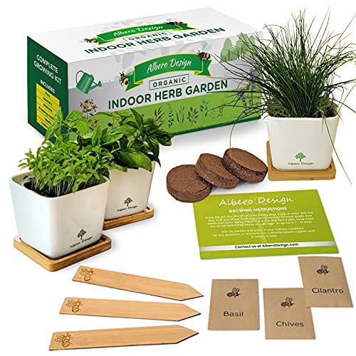 Indoor Herb Garden Kit Complete Kitchen Windowsill Herb Garden - Ceramic Pots, Wondersoil, Bamboo Saucers and Markers - Indoor Organic Herb Gardening Gifts DIY Kits for Women and Men