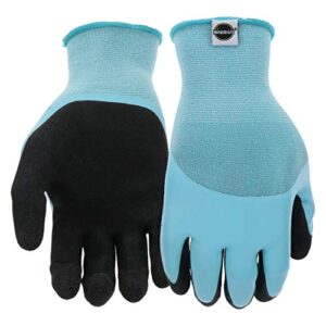 miracle-gro mg30604 water resistant grip gloves – [1 pair, small/medium] aqua, double dip flat latex gloves with elastic knit wrist