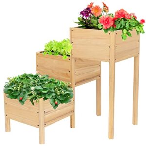 3 tier wooden raised garden bed with legs – raised planter boxes elevated planter, adjustable mounting structure for indoors outdoors vegetable flower herb growing large space wood planting box