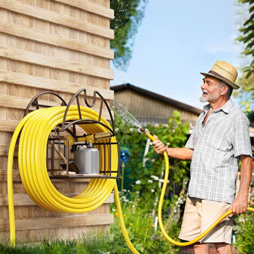 Lamir Hose reel Garden Hose holder with Tool Storage Basket, Heavy Duty Metal Water Hose holder Wall Mount, Garden Water Hose Reel Storage for Outer Yards and Garden Lawns