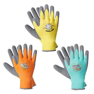 cooljob 3 pairs kids gardening gloves for age 9-12, grippy rubber coated garden work gloves for children, orange & green & yellow, large size (3 pairs l)