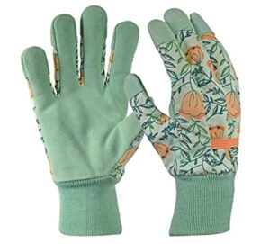 digz women’s leather palm garden gloves with knit wrist, coral floral pattern, large