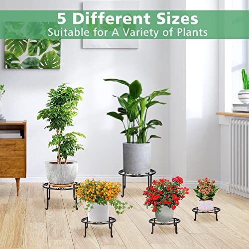 5 Pack Metal Plant Stand for Outdoor Indoor Plants, Heavy Duty Flower Pot Stands for Multiple Plant, Rustproof Iron Round Plant Shelf for Planter, Potted Plant Holder for Garden Home (Black)