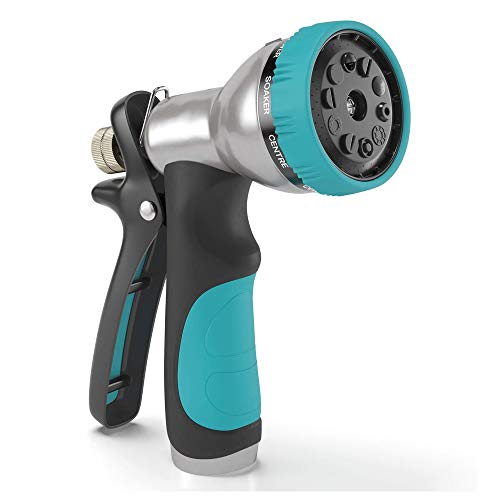 Heavy Duty Garden Hose Nozzle Hand Sprayer with 9 Adjustable Spray Patterns Heavy-Duty Metal Water Hose Spray Nozzle - High Pressure | Rear Trigger Control Suitable for Car Wash,Watering Lawn & Garden