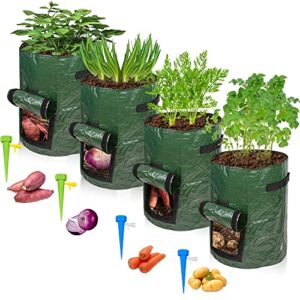 auofin 4 pack potato grow bags 10 gal, garden planting bags thick pe potato planter for growing potatoes vegetables, with handles and flap, with self-watering stakes