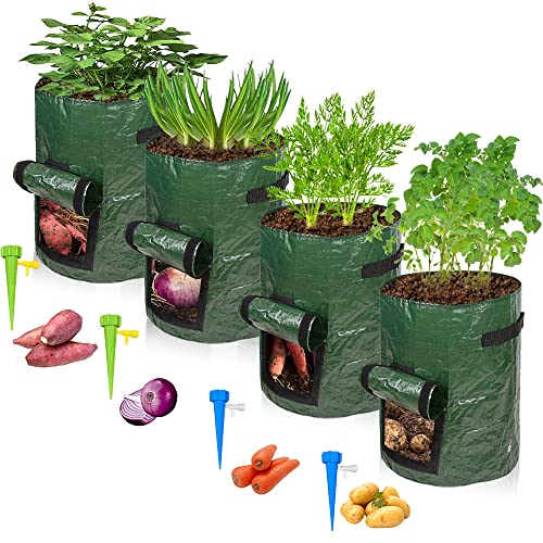 Auofin 4 Pack Potato Grow Bags 10 gal, Garden Planting Bags Thick PE Potato Planter for Growing Potatoes Vegetables, with Handles and Flap, with Self-Watering Stakes