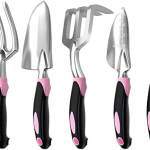 Garden Tool Set SOYUS Heavy Duty 5 Piece Gardening Kit Aluminum Alloy Garden Spade Shovel for Digging Hand Trowel Weeder Cultivator Rake with Ergonomic Non-Slip Girp Pink Garden Tools Gifts for Women