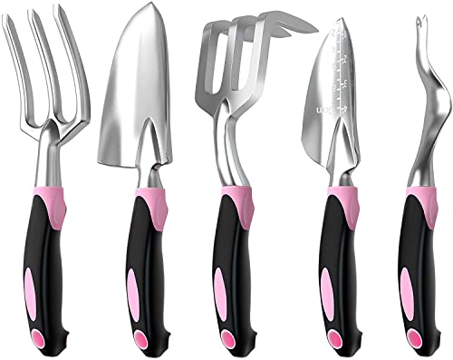 Garden Tool Set SOYUS Heavy Duty 5 Piece Gardening Kit Aluminum Alloy Garden Spade Shovel for Digging Hand Trowel Weeder Cultivator Rake with Ergonomic Non-Slip Girp Pink Garden Tools Gifts for Women