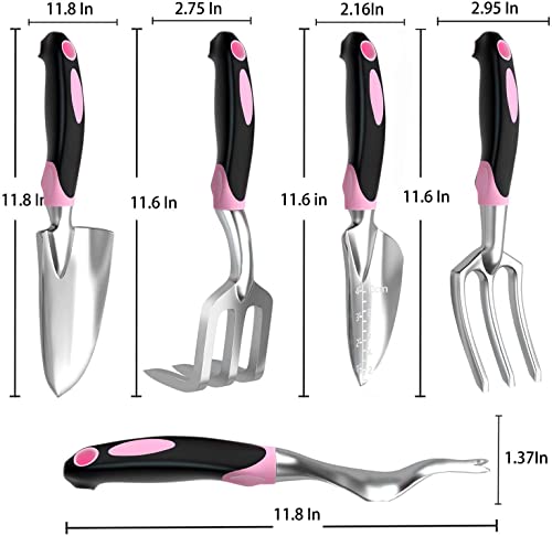 Garden Tool Set SOYUS Heavy Duty 5 Piece Gardening Kit Aluminum Alloy Garden Spade Shovel for Digging Hand Trowel Weeder Cultivator Rake with Ergonomic Non-Slip Girp Pink Garden Tools Gifts for Women