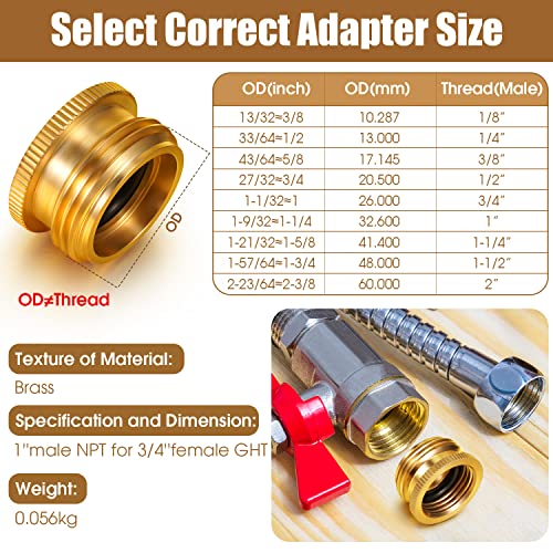 Solid Brass Garden Hose Adapter, 3/4" NPT Male Connector x 1”GHT Female Garden Hose, 1 Inch Male Pipe Fittings Thread to 1.3 Inch Female Garden Hose Thread, with Rubber Gasket and Sealant Tape