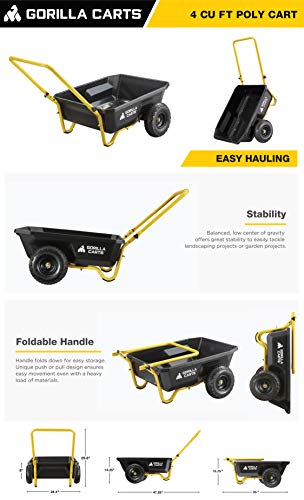 Gorilla Carts GCR-4 4 Cu. Ft, 300-pound Capacity, Poly Yard Cart, Black/Yellow