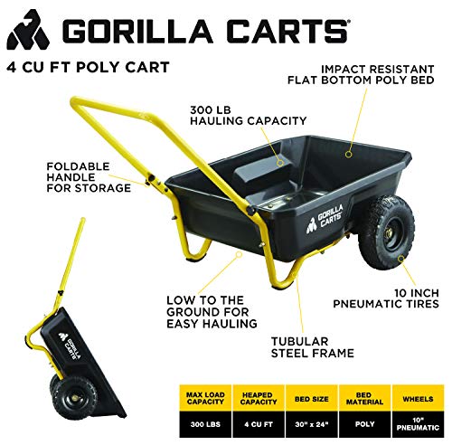 Gorilla Carts GCR-4 4 Cu. Ft, 300-pound Capacity, Poly Yard Cart, Black/Yellow