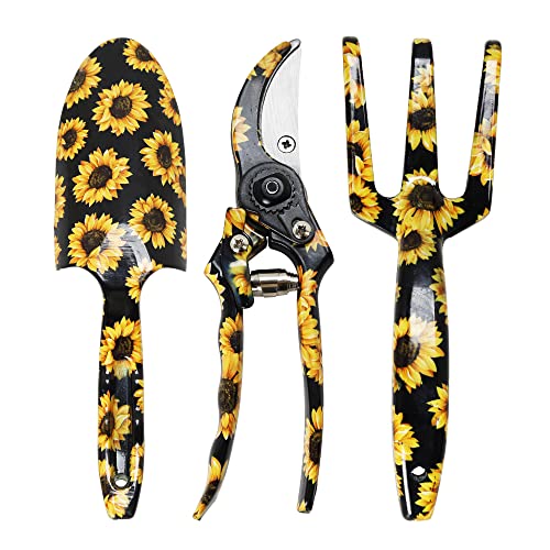 GARTOL Garden Tool Set Sunflower Print 3 Piece Cast-Aluminum Heavy Duty Gardening Tools Kit Includes Trowel, Pruning Shear, Cultivator - Gardening Gift Hand Tools Set for Women Mom Mother's Day