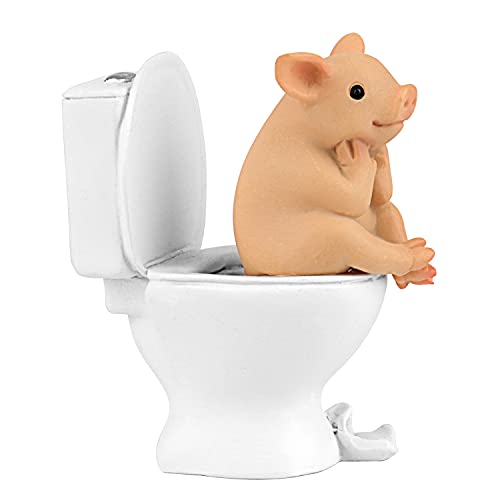 Aclema Pig Decor Figurines Miniature Fairy Garden Kitchen Resin Collections for Terrarium Micro Landscape Pig Sit on Toilet