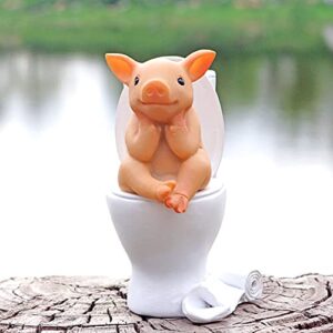 Aclema Pig Decor Figurines Miniature Fairy Garden Kitchen Resin Collections for Terrarium Micro Landscape Pig Sit on Toilet