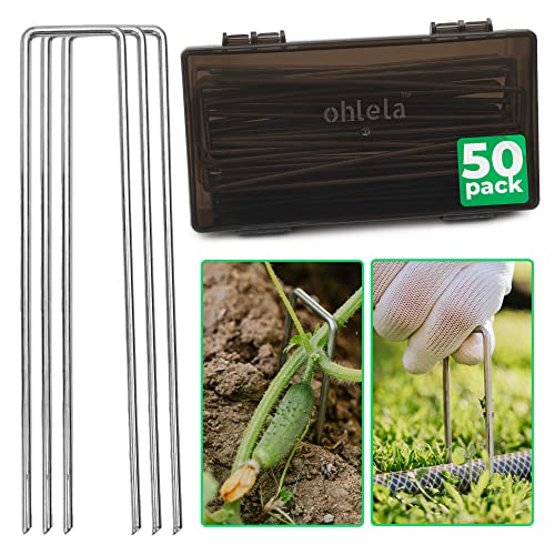 Landscape Staples 6 inch - 50 Pack Anti-Rust Metal Garden Stakes Heavy Duty with Sturdy Storage Box, 11 Gauge Ground Stakes Suitable for Anchoring Weed Barrier Fabric & Secure Irrigation Tubing