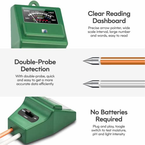 ToolBay Soil Moisture Meter - Great for House Plants and Indoor Garden Measures Light pH and Moisture Test kit - Indoor & Outdoor Use (Green)