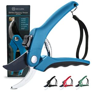 nevlers 8″ bypass pruning shears for gardening | garden shears with stainless steel blades & 8mm cutting capacity| professional garden scissors | heavy duty gardening hand tools |blue gardening shears