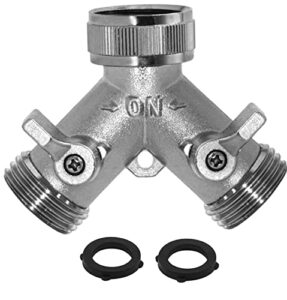 morvat heavy duty nickel plated brass 2 way y splitter garden hose hexagonal connector with comfortable grip shut off valves, adapter for water tap, outlet, & spigot, includes 2 extra rubber washers