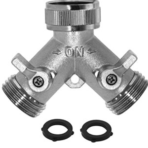 Morvat Heavy Duty Nickel Plated Brass 2 way Y Splitter Garden Hose Hexagonal Connector with Comfortable Grip Shut Off Valves, Adapter for Water Tap, Outlet, & Spigot, Includes 2 Extra Rubber Washers