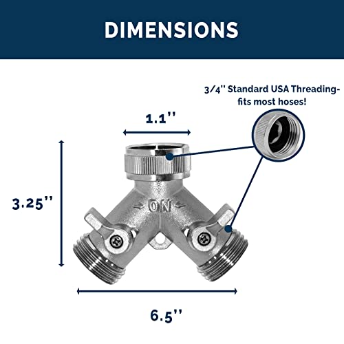 Morvat Heavy Duty Nickel Plated Brass 2 way Y Splitter Garden Hose Hexagonal Connector with Comfortable Grip Shut Off Valves, Adapter for Water Tap, Outlet, & Spigot, Includes 2 Extra Rubber Washers