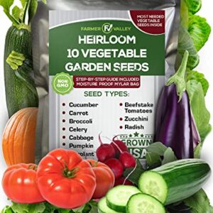 10 Assorted Vegetable Seeds - 100% Non GMO Variety Pack - 840+ Heirloom Garden Seeds for Planting Vegetables - Cucumber, Carrot, Tomatoes, Broccoli, Cabbage, Radish Seeds and More