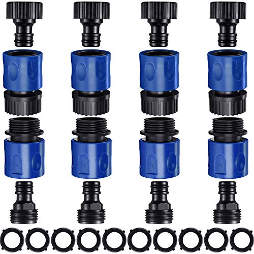 16 Pieces Garden Hose Quick Connector 3/4 Inch Plastic Water Hose Fittings Male and Female Connectors Hose End Adapters with 10 Pieces Rubber Gaskets (Blue, Black)