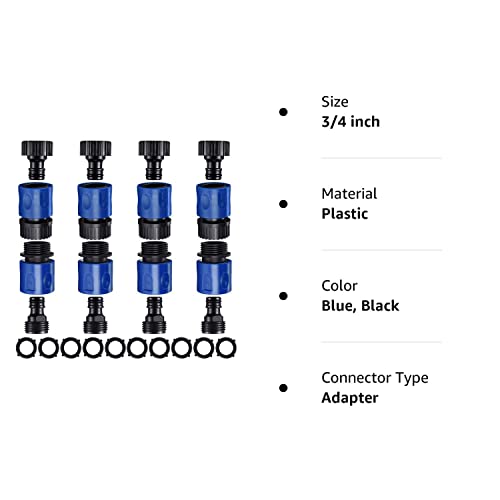 16 Pieces Garden Hose Quick Connector 3/4 Inch Plastic Water Hose Fittings Male and Female Connectors Hose End Adapters with 10 Pieces Rubber Gaskets (Blue, Black)