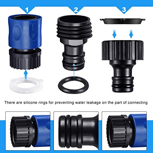 16 Pieces Garden Hose Quick Connector 3/4 Inch Plastic Water Hose Fittings Male and Female Connectors Hose End Adapters with 10 Pieces Rubber Gaskets (Blue, Black)