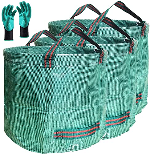 Standard 3-Pack 16 Gallons Home Garden Bags (D18, H15 inches) with Coated Gardening Gloves,Leaf Waste Bags,Patio Bag,Reusable Trash Can,Lawn Yard Waste Bags,Laundry Container with 4 handles