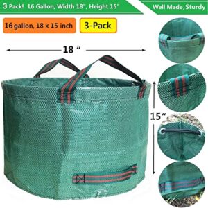 Standard 3-Pack 16 Gallons Home Garden Bags (D18, H15 inches) with Coated Gardening Gloves,Leaf Waste Bags,Patio Bag,Reusable Trash Can,Lawn Yard Waste Bags,Laundry Container with 4 handles