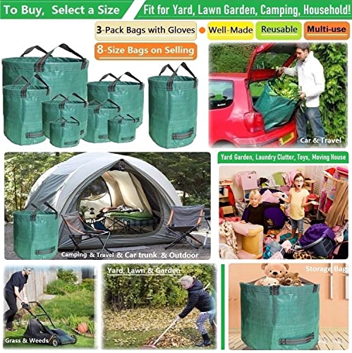 Standard 3-Pack 16 Gallons Home Garden Bags (D18, H15 inches) with Coated Gardening Gloves,Leaf Waste Bags,Patio Bag,Reusable Trash Can,Lawn Yard Waste Bags,Laundry Container with 4 handles