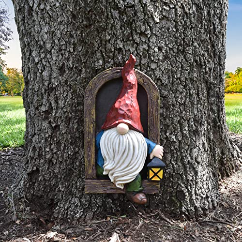 Hazel & Birch Outdoor Garden Gnome Out The Door Tree Hugger - Large Statues for Yard, Lawn, Patio, Porch - Hand Painted, Weatherproof Gnome Figurine (Out The Door Lantern Gnome)