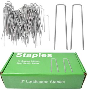mysit 6″ galvanized landscape staples garden stakes pins 100 pack, heavy-duty 11 gauge garden staples anti-rust fence stakes for anchoring weed barrier fabric irrigation tubing soaker hose